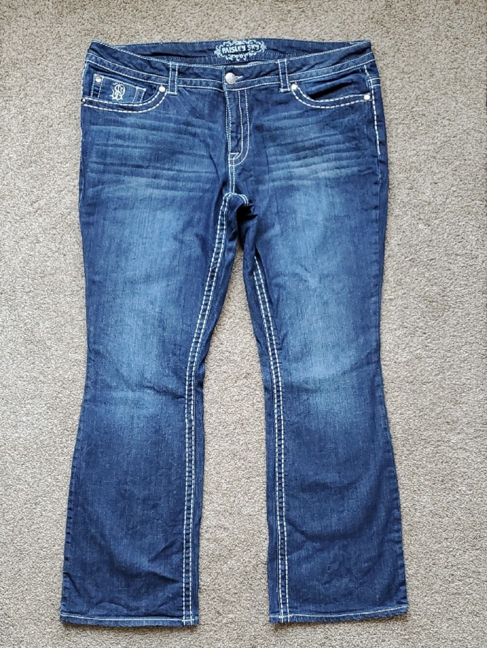 Paisley Sky Blue Denim Bootcut Jeans Rhinestone Embellishments Women’s 16